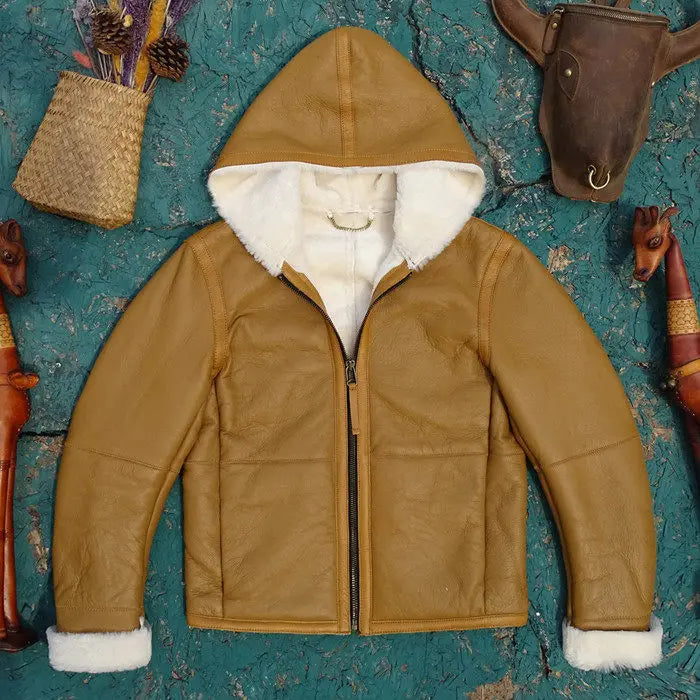 Tailor Brando Australian Organic Sheep Shearling Men's Hooded Winter Warm Genuine Leather Jacket Tailor Brando
