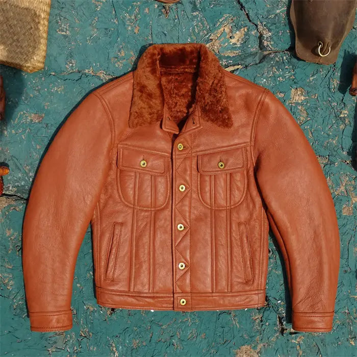 Tailor Brando Authentic Shearling American Retro Western Style Thickened Winter Warm Genuine Leather Denim Jacket Tailor Brando