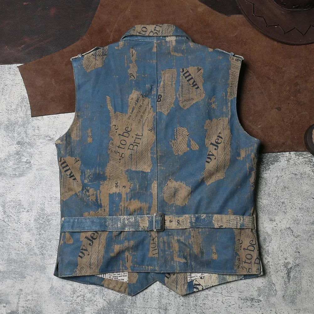 Newspaper Printed Genuine Leather Vest, Retro Vintage Work Clothes, Leather Vest, Men's British Slim Fit, Polished Cowhide
