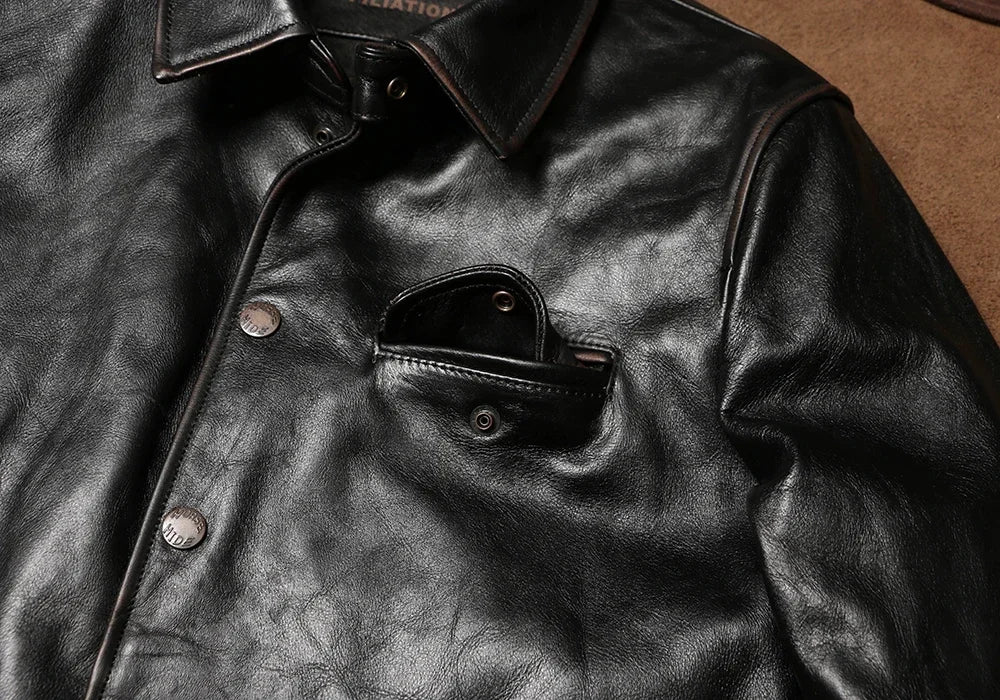 Tailor Brando American Vintage Switchman Men's Lapel Handaged Tea Core Cowhide Genuine Leather Work Jacket