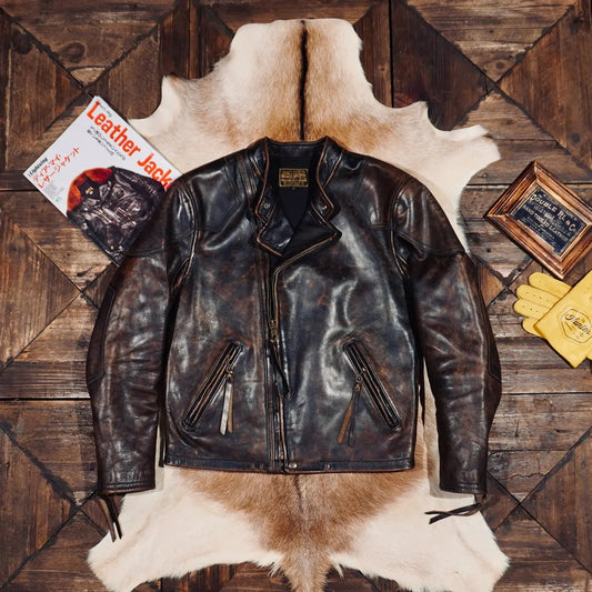 Tailor Brando Classic R*L Full Grain Vegetable Tanned Hand-Stitched Cowhide Men's Diagonal Zip Leather Motorcycle Jacket Tailor Brando