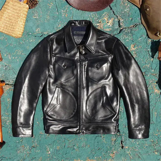 Tailor Brando Full-Grain Vegetable-Tanned Horsehide American Vintage Classic Mendoza Men's Genuine Leather Biker Jacket Tailor Brando