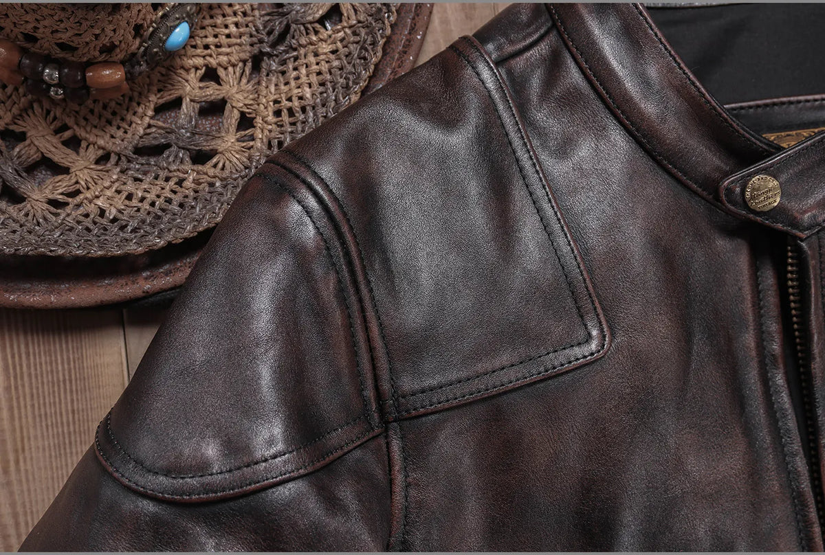 Tailor Brando Batik Vegetable Tanned Tea Core Horsehide Men's Venom Classic Genuine Leather Biker Jacet Tailor Brando
