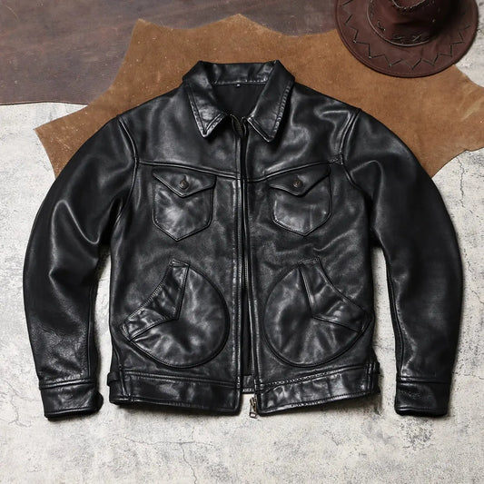 Tailor Brando American Retro Mendoza Washed Batik Horsehide Men's Classic Mendoza Genuine Leather Biker Jacket Tailor Brando