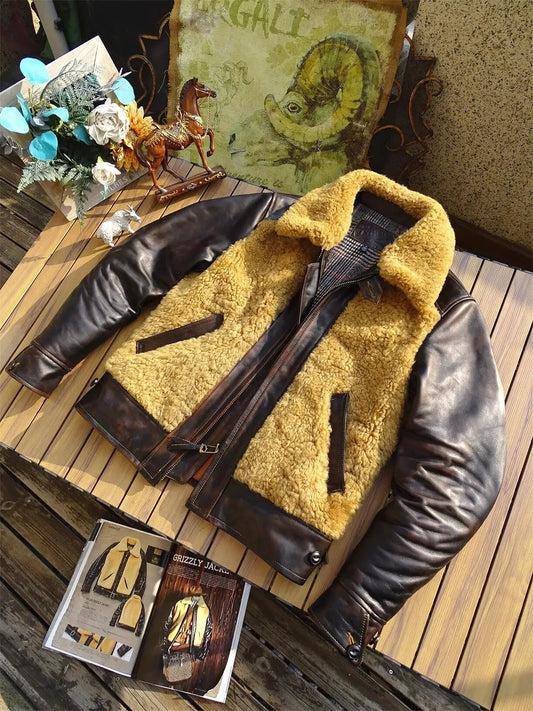 Tailor Brando Original Sheep Shearling & Italian Full Grain Vegetable Tanned Tea Core Horsehide Vintage Grizzly Leather Jacket