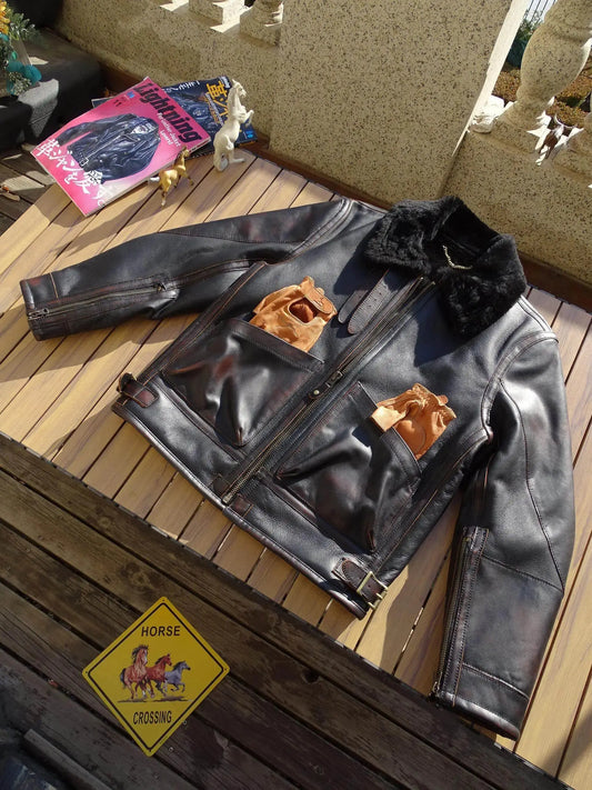 Tailor Brando Original Sheepskin Shearling & Tea Core Horsehide Men's Classic Retro Winter Warm Bomber Jacket Tailor Brando