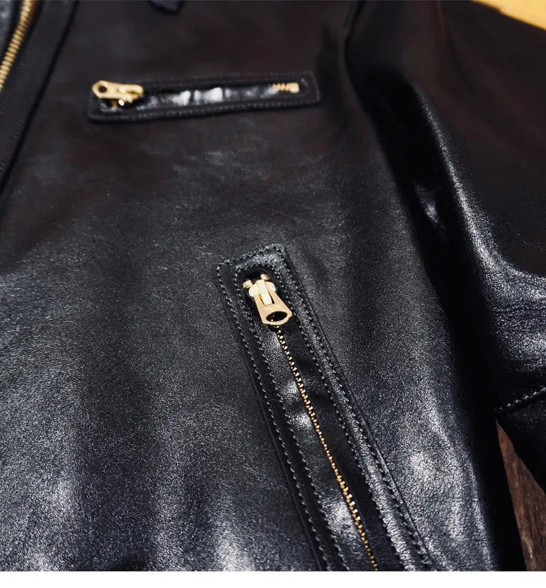 Tailor Brando Full-Grain Vegetable-Tanned Horsehide Classic J100 Men's Stand-Up Collar Motorcycle Genuine Leather Jacket Tailor Brando