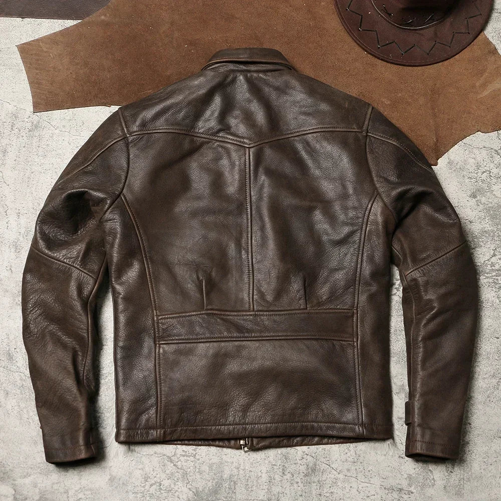 1940 American Retro Leather Jacket Turtle Crack Uncoated Cowhide Coat Autumn and Winter Men's Lapel Leather Leather Coat