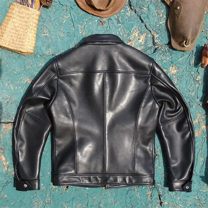 Tailor Brando Full-Grain Waxed Cowhide Men's Classic Vintage Lapel Genuine Leather Jacket Tailor Brando