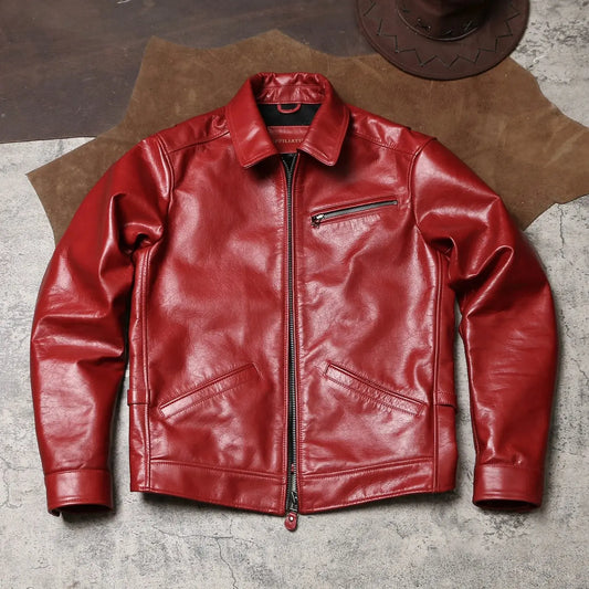 Tailor Brando Vegetable-Tanned Oil-Waxed Cowhide Classic 1930s Men's Vintage Lapel Genuine Leather Biker Jacket Tailor Brando