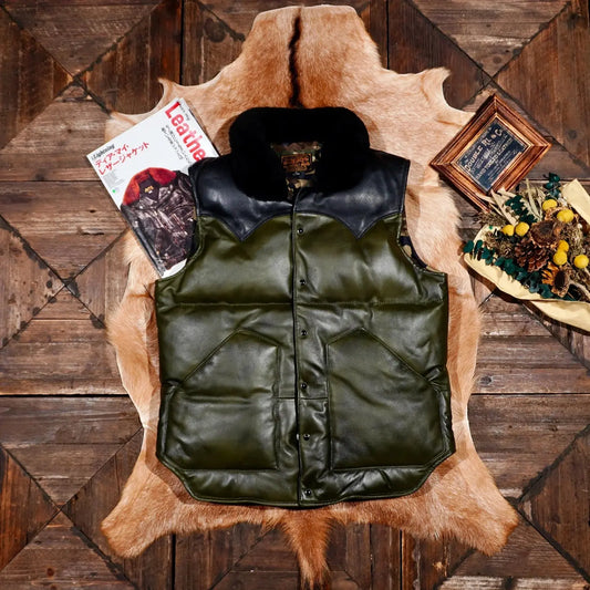 Tailor Brando Wash-Distressed Sheepskin Men's Classic Winter Warmth Genuine Leather Down Vest Tailor Brando