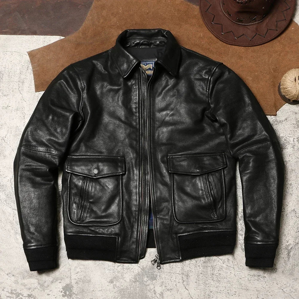 Genuine Leather A2 Leather Jacket Wax Dyed Unpainted Goat Skin Jacket for Men and Women's Racing, Same Style Flying Suit