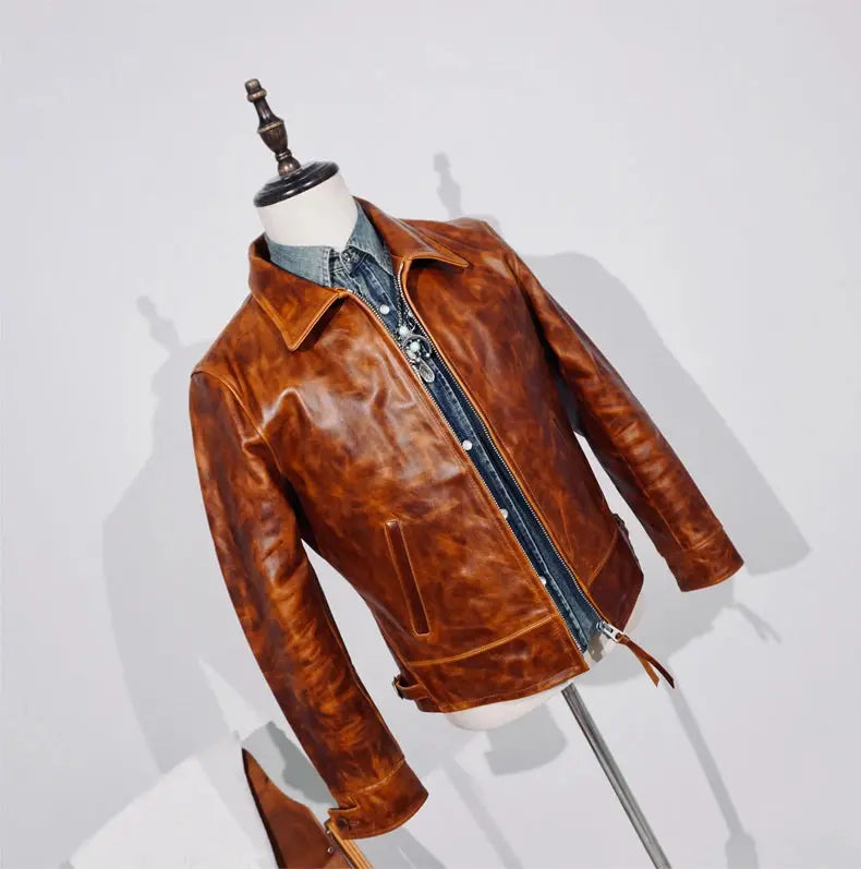 Tailor Brando Full-Grain Vegetable-Tanned Horsehide TWC716 Men's Classic 1930s Retro Genuine Leather Motorcycle Jacket Tailor Brando