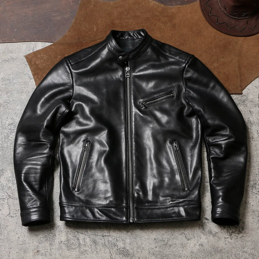 Tailor Brando Classic Stand-Up Collar Batik Goatskin Men's Vintage Genuine Leather Biker Jacket Tailor Brando