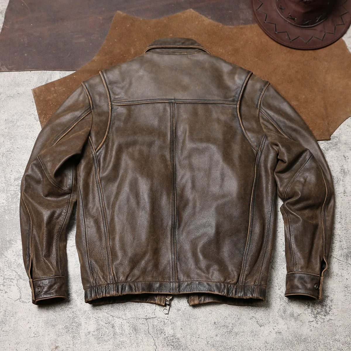 Tailor Brando Washed Distressed Cowhide Men's Relaxed Fit Cropped Genuine Leather Jacket Tailor Brando