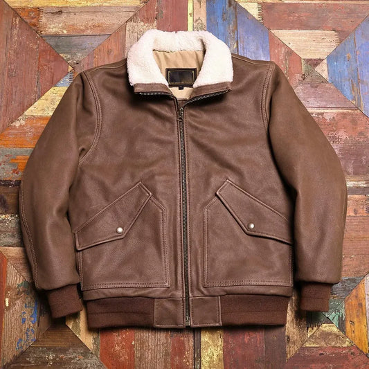Tailor Brando American Vintage 45P Bomber Jacket Men's Short Lapel Full Grain Cowhide Leather Cotton Warm Genuine Leather Jacket