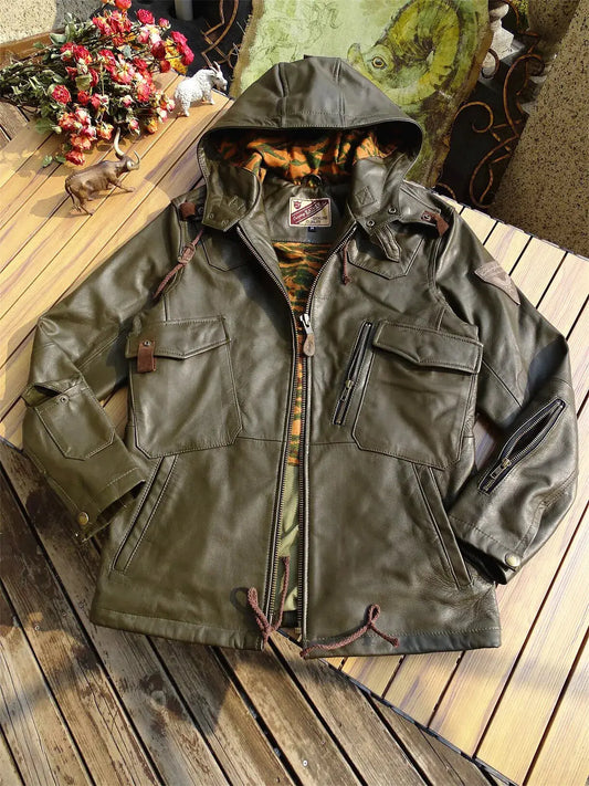 Tailor Brando Full Grain Goatskin Men's Genuine Leather Field Hooded Safari Jacket Tailor Brando