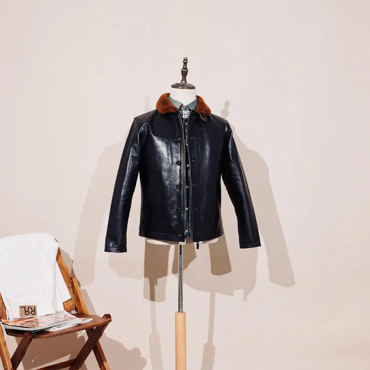 Tailor Brando Replica M*cOy Deck Jacket N1 Full-Grain Tea-Core Horsehide Men's Genuine Fur Collar Leather Jacket Tailor Brando