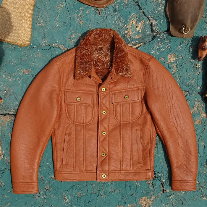 Tailor Brando Authentic Shearling American Retro Western Style Thickened Winter Warm Genuine Leather Denim Jacket Tailor Brando