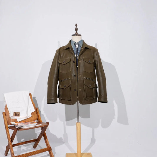 Tailor Brando American Vintage Western Style Full-Grain Cowhide Four-Pocket Men's Genuine Leather Safari Jacket Tailor Brando