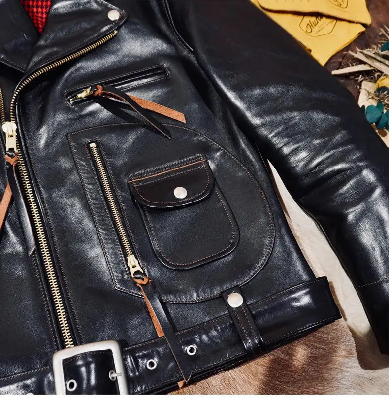 Tailor Brando Full-grain Vegetable-tanned Tea-core Horse Leather J24 Men's Genuine Leather Double Rider Jacket Tailor Brando