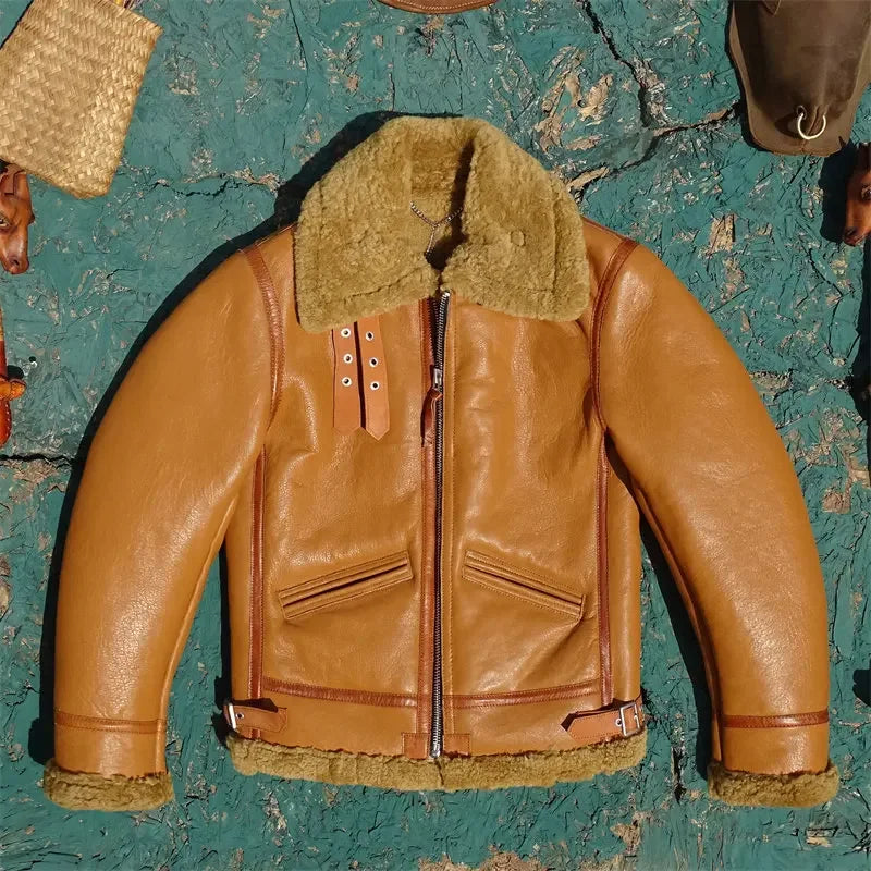 Tailor Brando Turkish Sheep Shearling Classic B3 Men's Retro Warm Winter Genuine Leather Bomber Jacket Tailor Brando