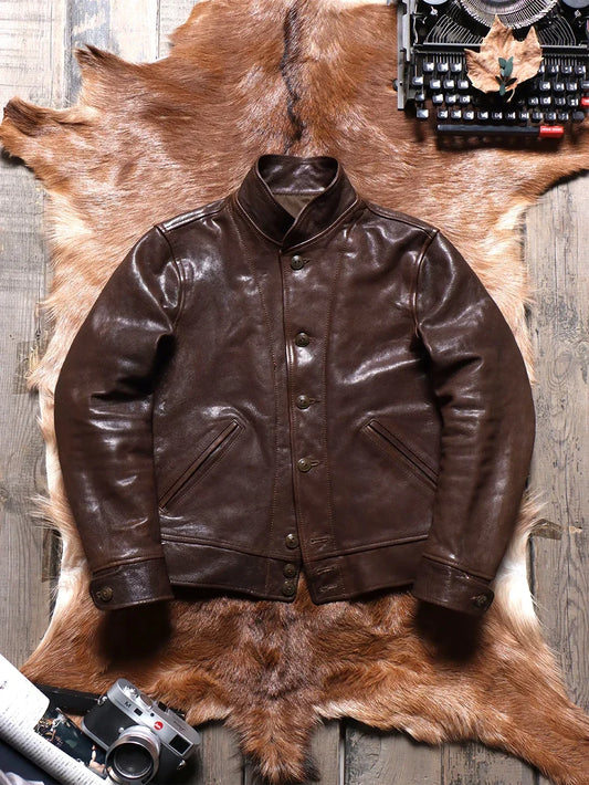 Tailor Brando Washed Vegetable Tanned Goatskin Men's Highland Barley Collar Vintage Genuine Leather Jacket