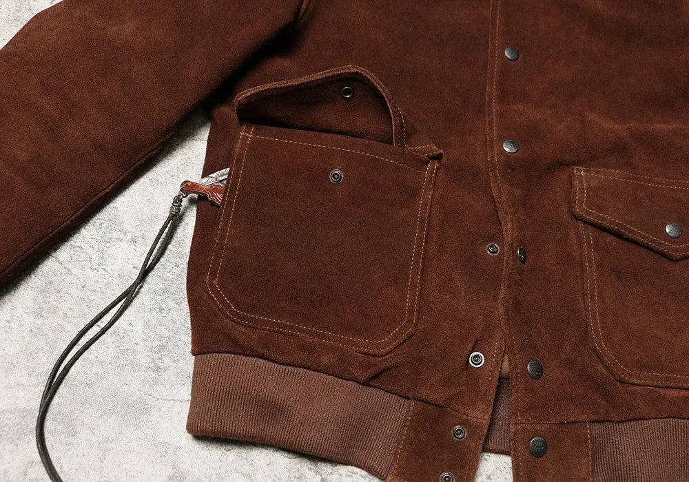 Reversed Suede Leather A1 Leather Jacket, American Retro Leather Jacket, Autumn and Winter Amikaki Men's Baseball Jacket