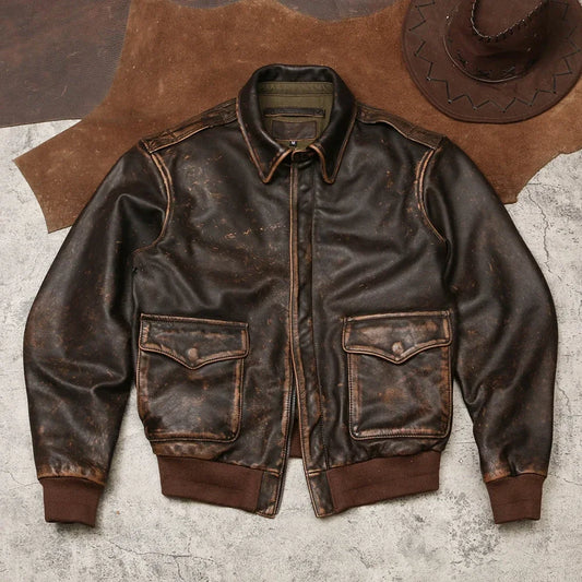 Tailor Brando Battle Damage Yellow Tea Core Cowhide A2 Jacket Men's Flight Suit American Vintage Aged Genuine Leather Jacket