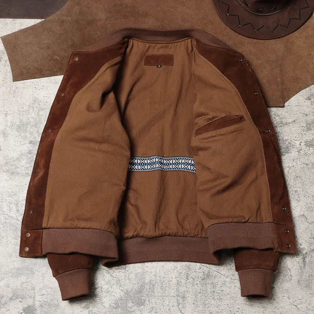 Reversed Suede Leather A1 Leather Jacket, American Retro Leather Jacket, Autumn and Winter Amikaki Men's Baseball Jacket