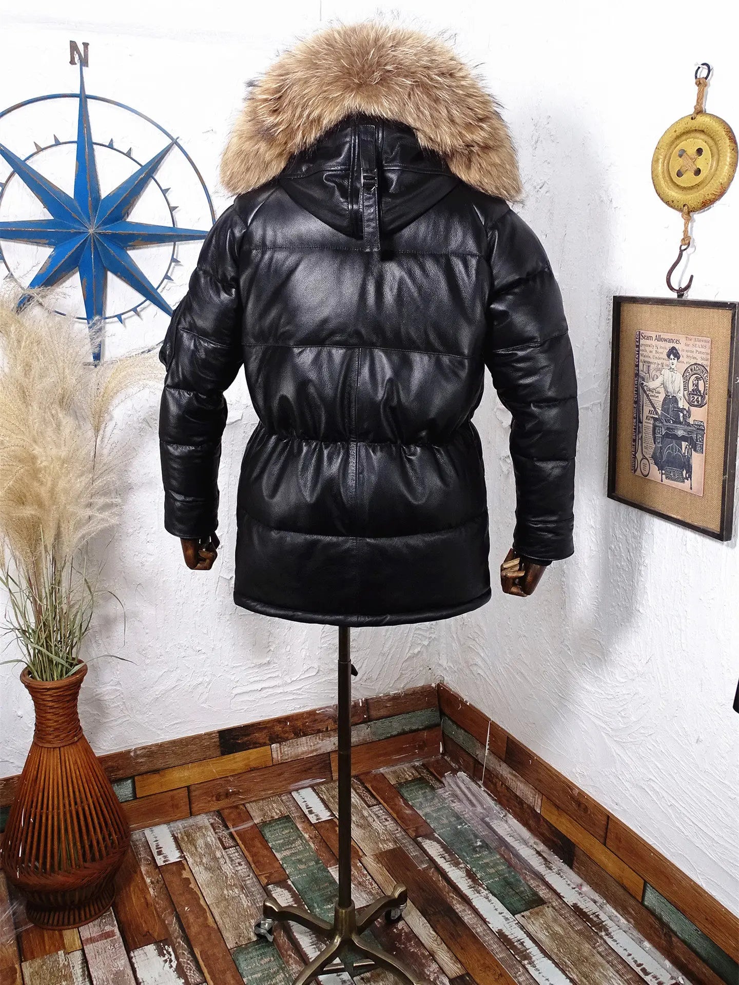 Tailor Brando Italian Cowhide Classic N3B Men's Genuine Raccoon Fur Collar Retro Genuine Leather Down Jacket Tailor Brando