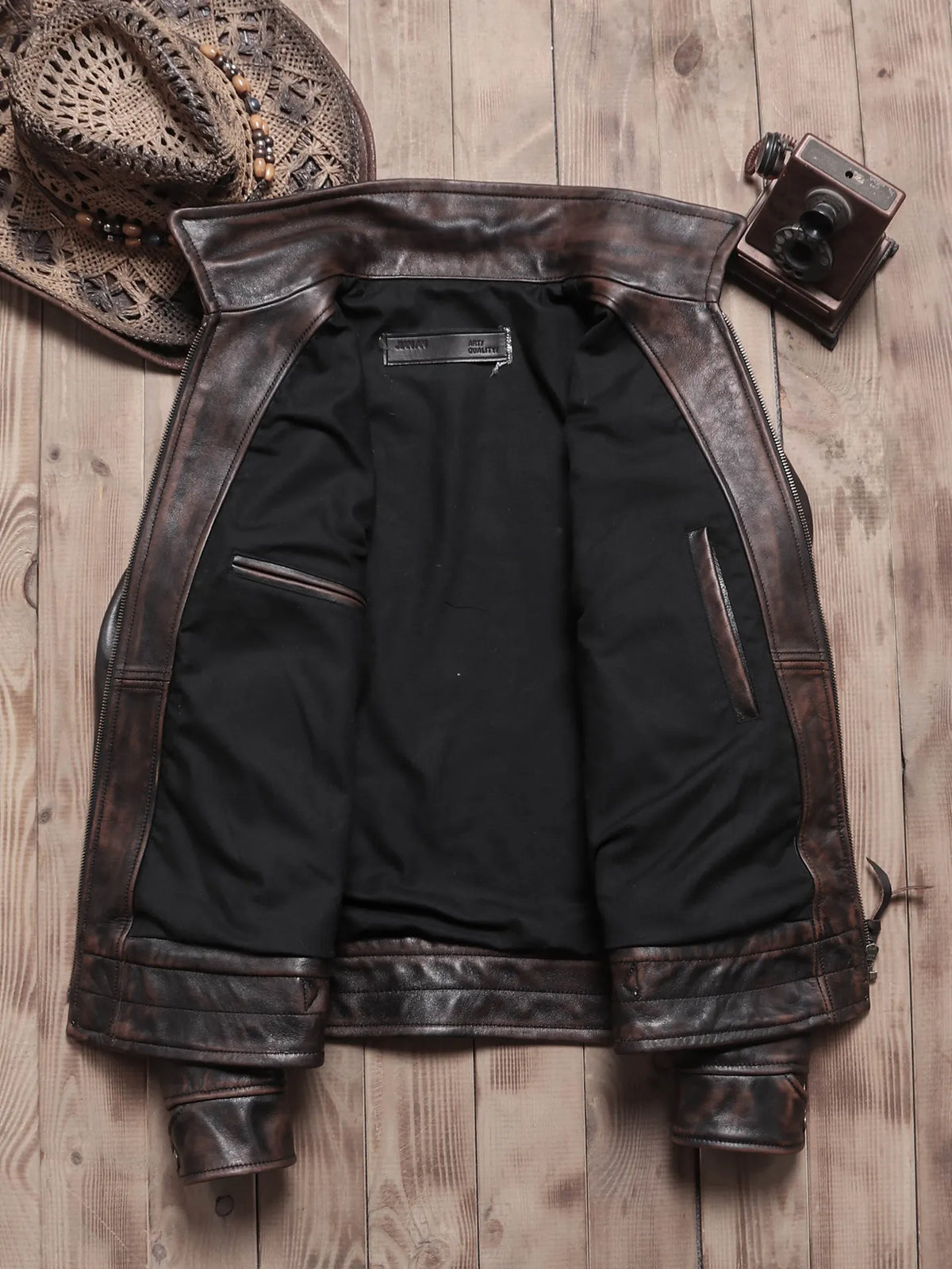 Tailor Brando American Retro Mulholland Distressed Teacore Cowhide Men's Genuine Leather Motorcycle Jacket Tailor Brando
