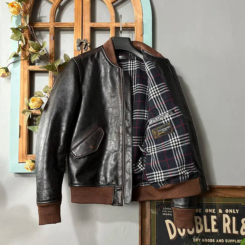 Tailor Brando Italian Vegetable-Tanned Tea-Core Cowhide Classic MA-1 Men's Vintage Genuine Leather Aviator Jacket Tailor Brando