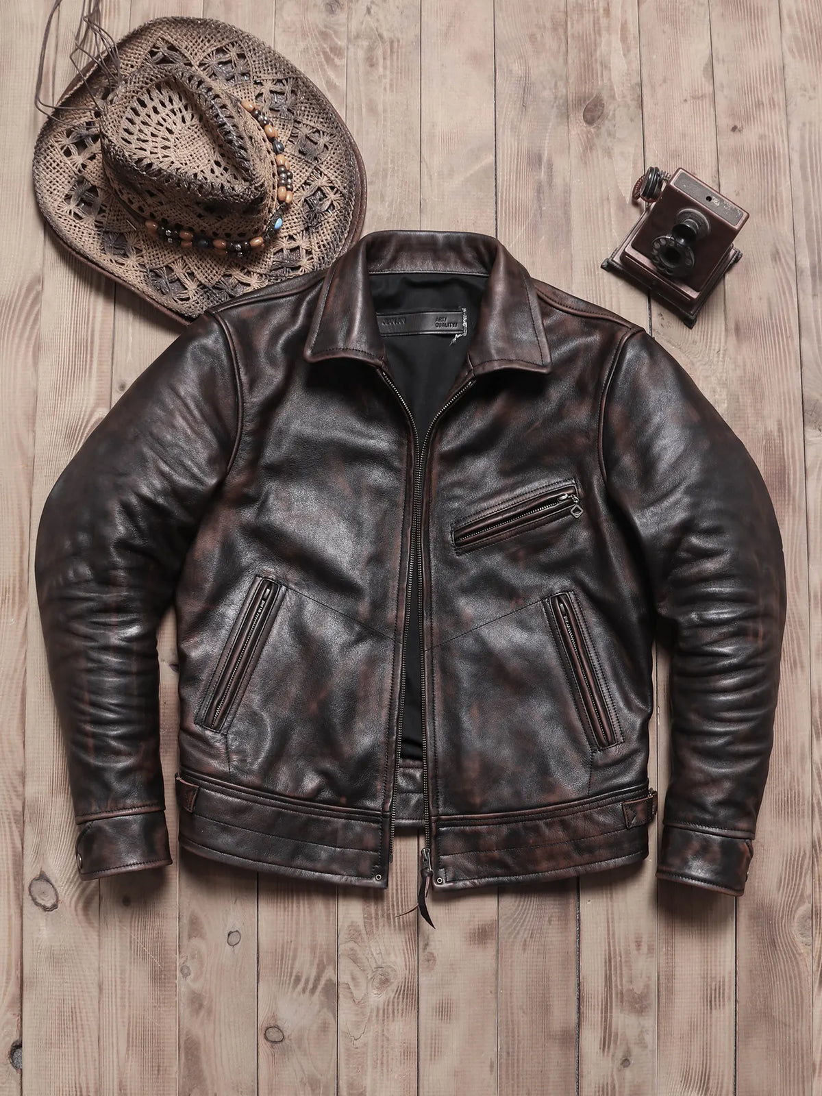 Tailor Brando American Retro Mulholland Distressed Teacore Cowhide Men's Genuine Leather Motorcycle Jacket Tailor Brando