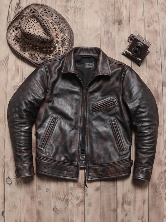Tailor Brando American Retro Mulholland Distressed Teacore Cowhide Men's Genuine Leather Motorcycle Jacket Tailor Brando