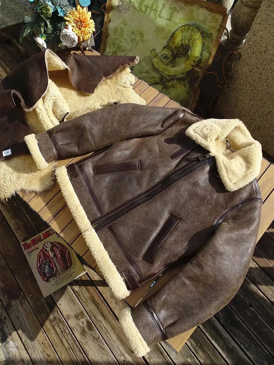 Tailor Brando Original Sheep Shearling Classic B6 Pilot Jacket Men's Warm Winter Genuine Fur Leather Jacket Tailor Brando