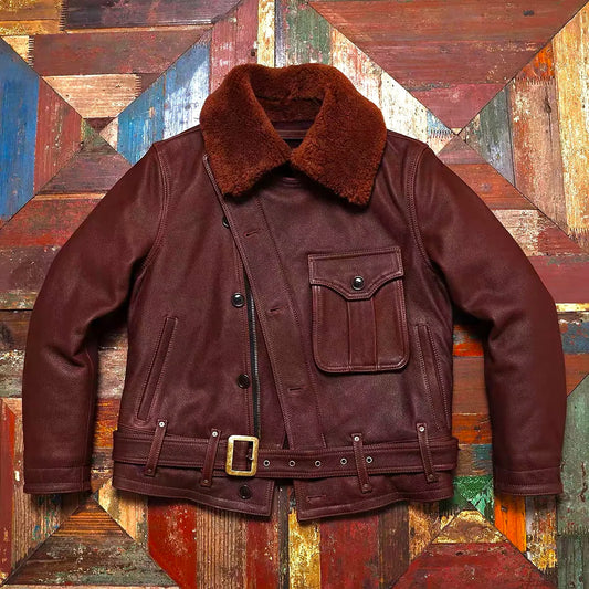 Tailor Brando Full Grain Aged Cowhide Leather Men's Oblique Zipper American Vintage Men's Short Genuine Leather Biker Jacket