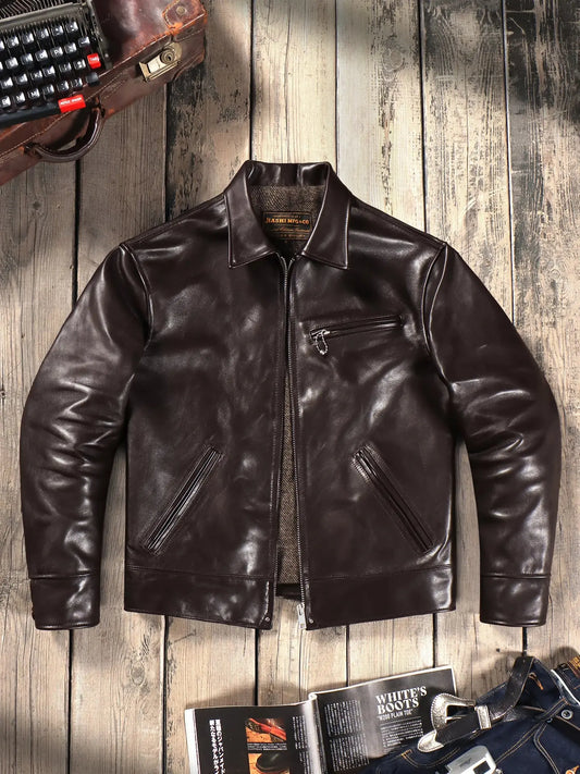 Tailor Brando Full-Grain Vegetable-Tanned Horsehide Classic 1930s American Vintage Men's Lapel Genuine Leather Jacket Tailor Brando