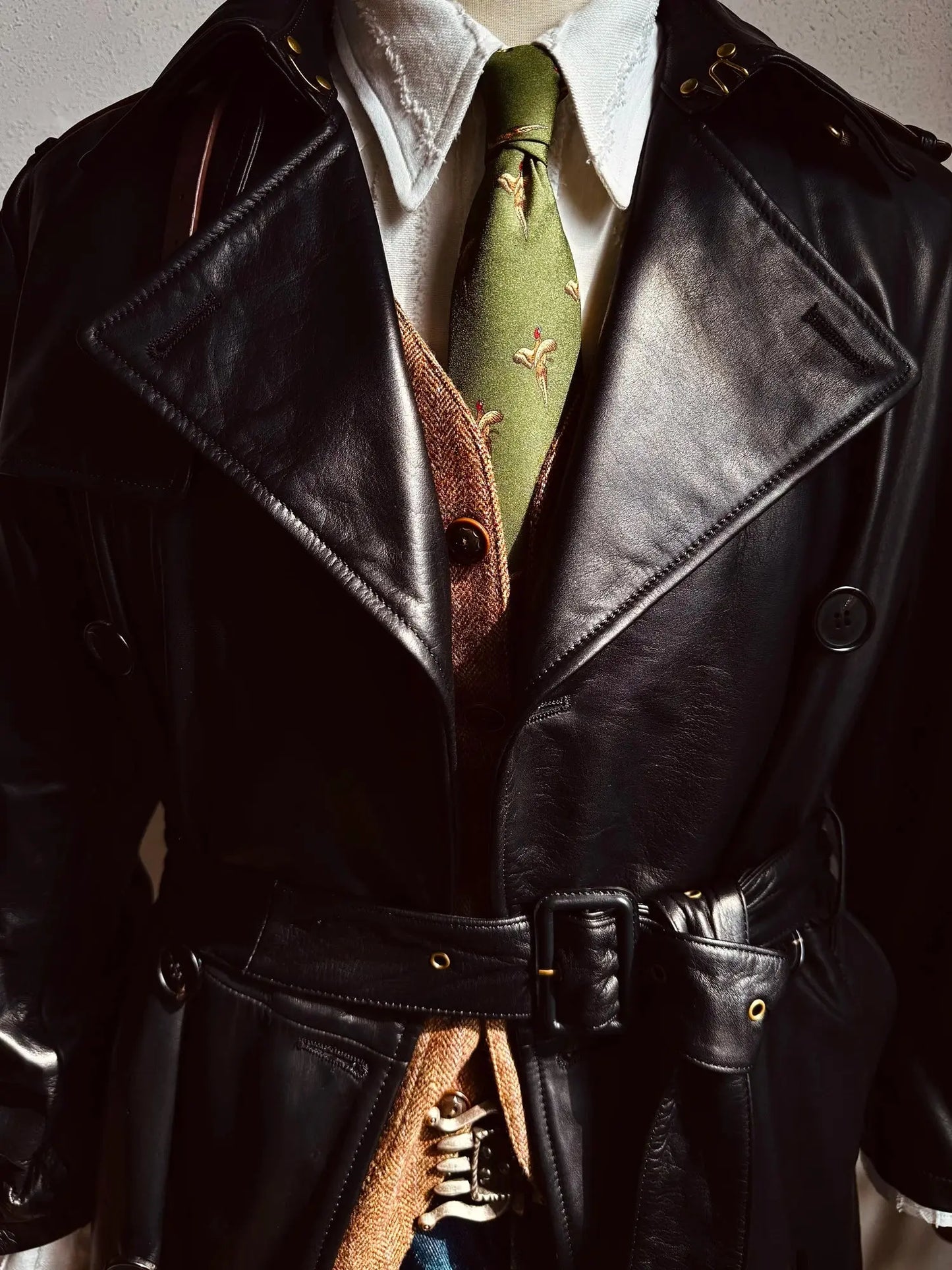 Tailor Brando Italian Vegetable-Tanned Cowhide Classic Lapel Double Breasted Men's Genuine Leather Trench Coat Tailor Brando