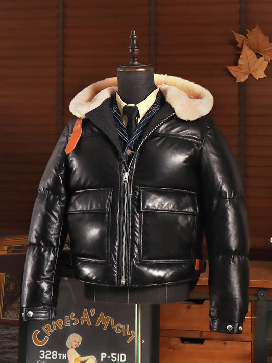 Tailor Brando Full Vegetable-Tanned Sheepskin Vintage Men's Hooded Winter Warmth Genuine Leather Down Jacket Tailor Brando