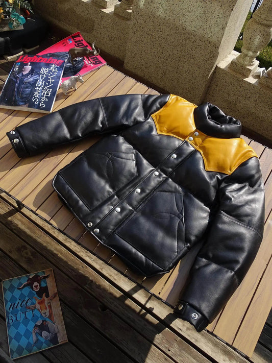 Tailor Brando Vegetable Tanned Sheepskin Vintage Stand Up Collar Unisex White Duck Down Winter Warm Genuine Leather Down Jacket Tailor Brando