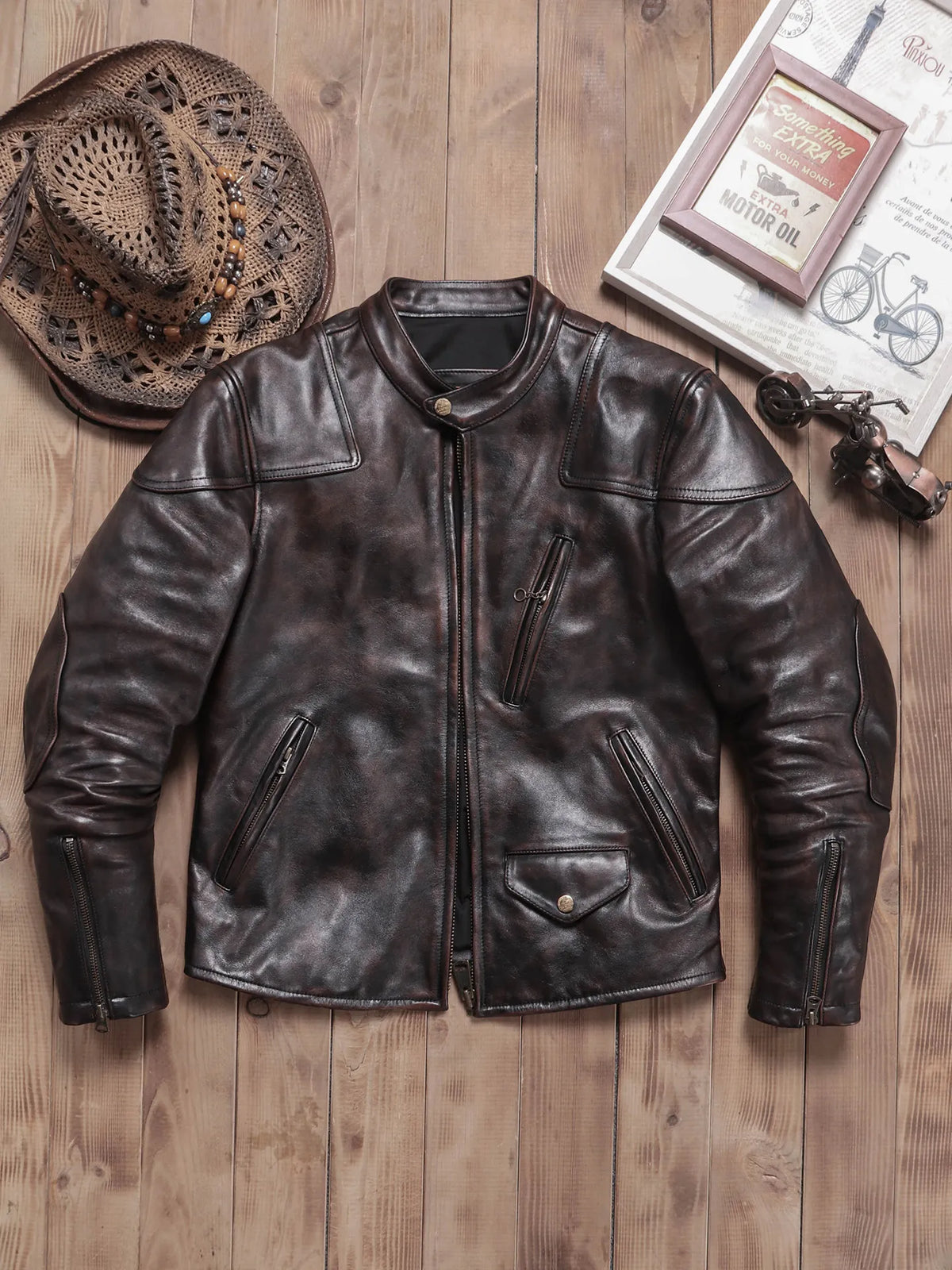 Tailor Brando Batik Vegetable Tanned Tea Core Horsehide Men's Venom Classic Genuine Leather Biker Jacet Tailor Brando