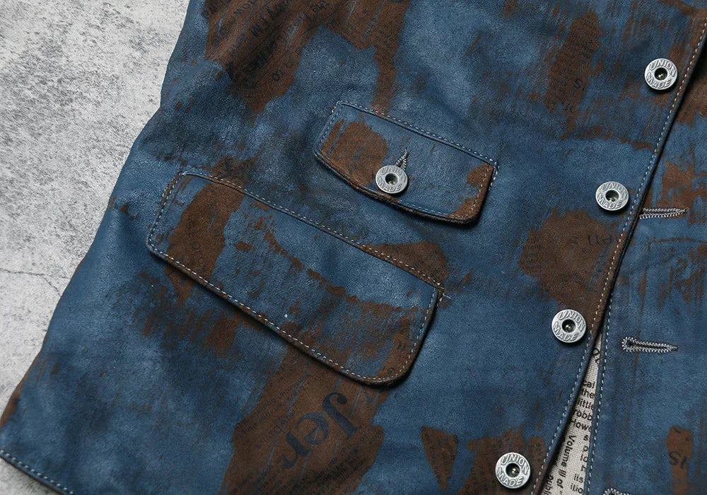 Newspaper Printed Genuine Leather Vest, Retro Vintage Work Clothes, Leather Vest, Men's British Slim Fit, Polished Cowhide