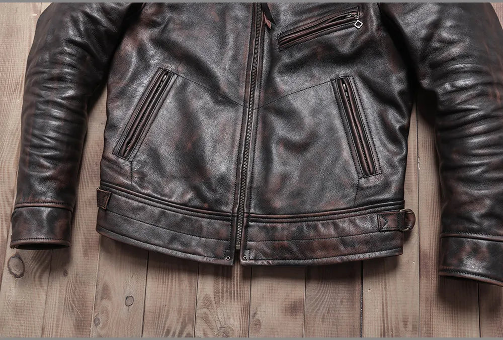 Tailor Brando American Retro Mulholland Distressed Teacore Cowhide Men's Genuine Leather Motorcycle Jacket Tailor Brando