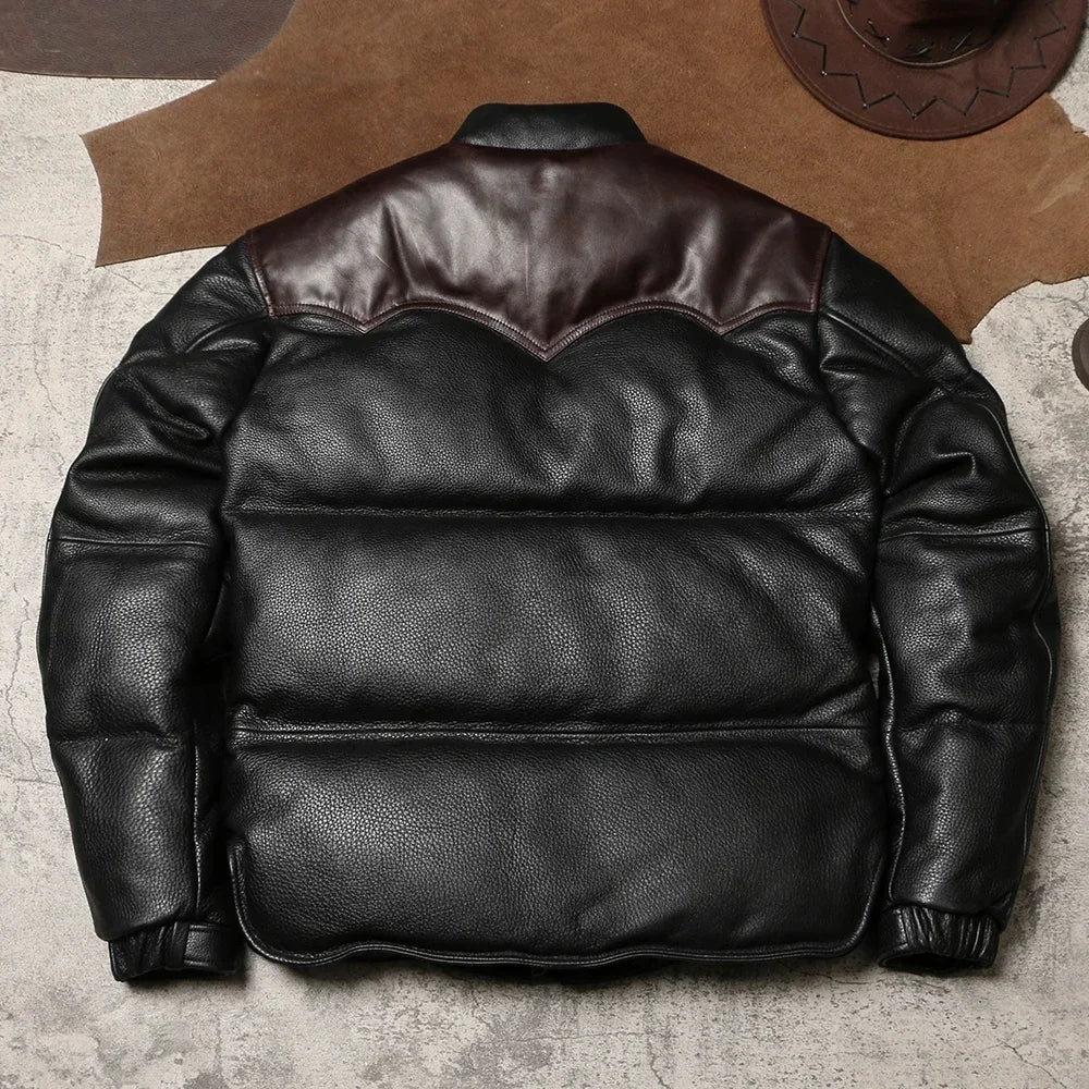 Top Layer Cowhide and Duck Down Warm Jacket for Men's Retro Leather Jacket, Winter Super Thick Genuine Leather Down Bread Jacket