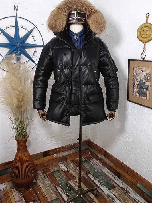 Tailor Brando Italian Cowhide Classic N3B Men's Genuine Raccoon Fur Collar Retro Genuine Leather Down Jacket Tailor Brando