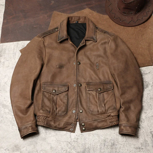 Tailor Brando California Rangers Vintage Aged Head Layer Thick Soft Cowhide Men's American Workwear Genuine Leather Jacket
