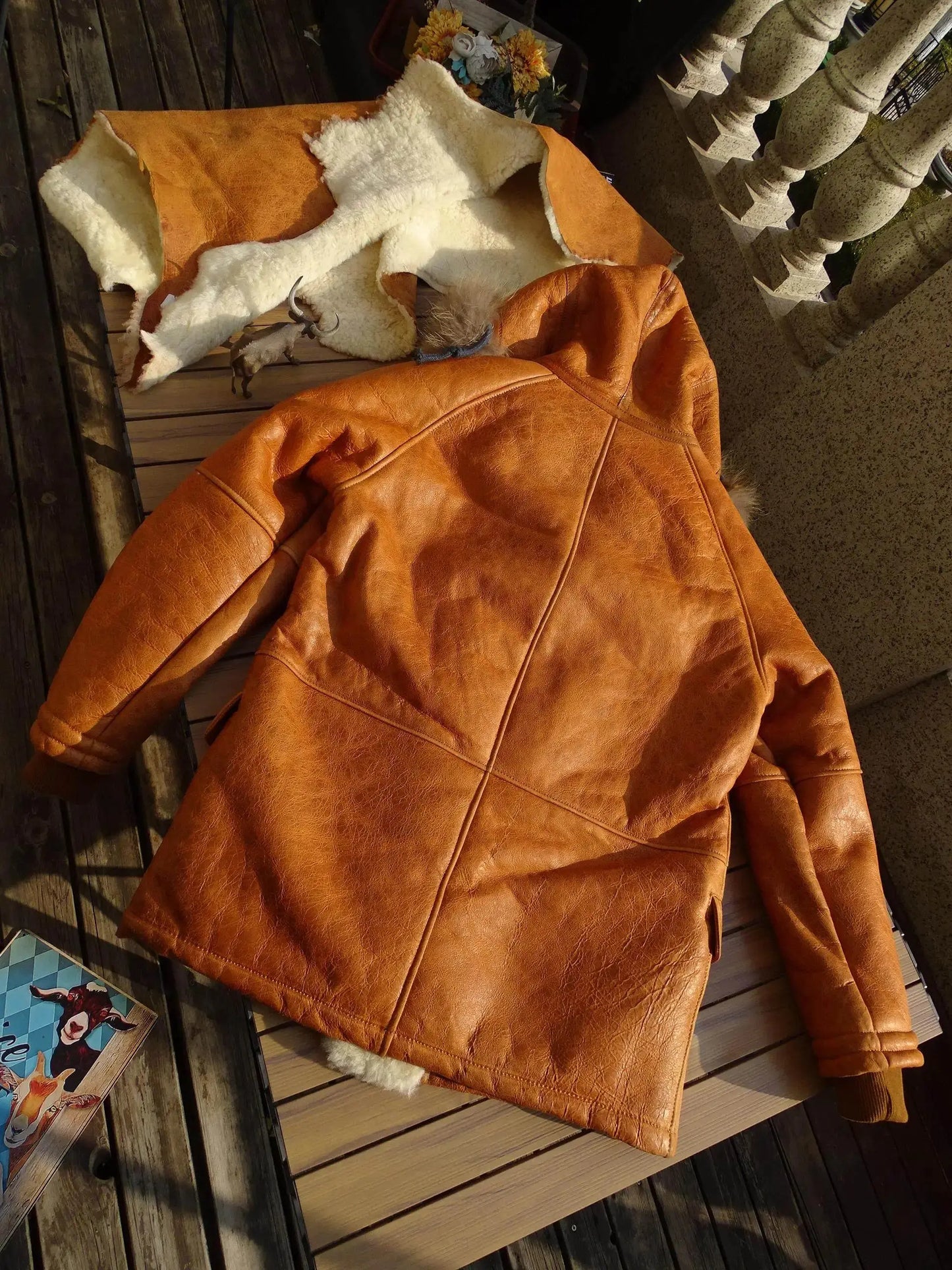 Tailor Brando Authentic Raw Sheepskin & Real Raccoon Fur Collar Men's Mid-Length Winter Warmth Fur Jacket Tailor Brando