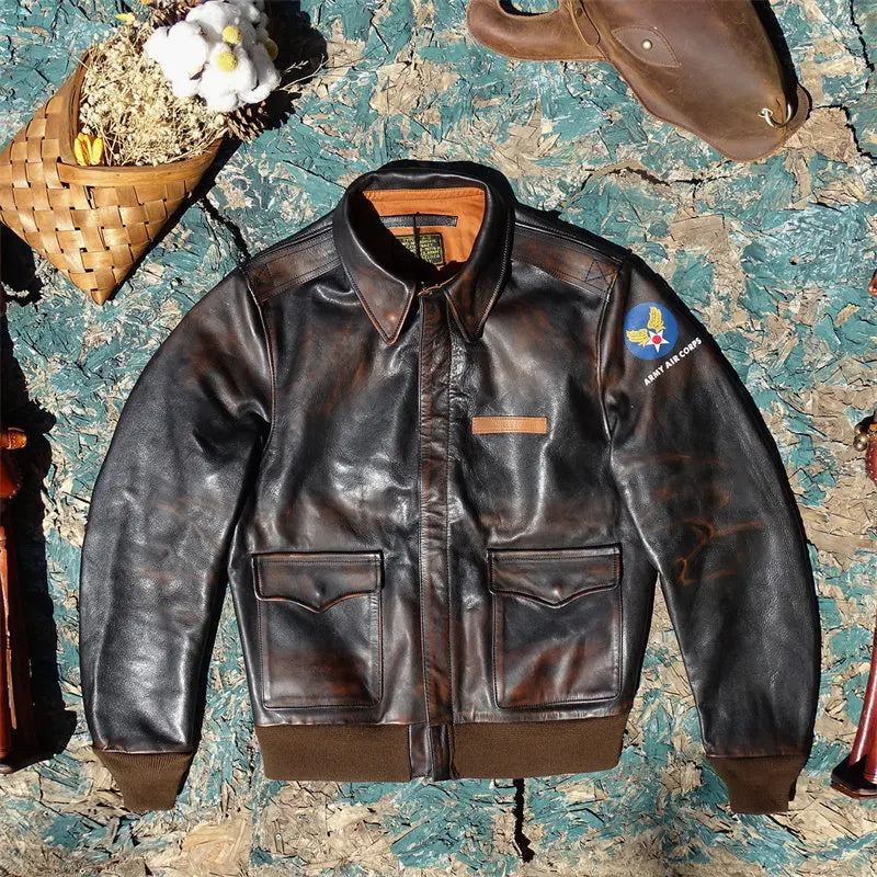 Tailor Brando  Full Grain Vegetable Tanned Tea Core Horsehide Escape A2 Handaged Men's Genuine Leather Aviator Jacket Tailor Brando