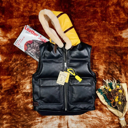 Tailor Brando Vegetable-Tanned Sheepskin Men's Classic Hooded Vintage Winter Warm Genuine Leather Vest Tailor Brando